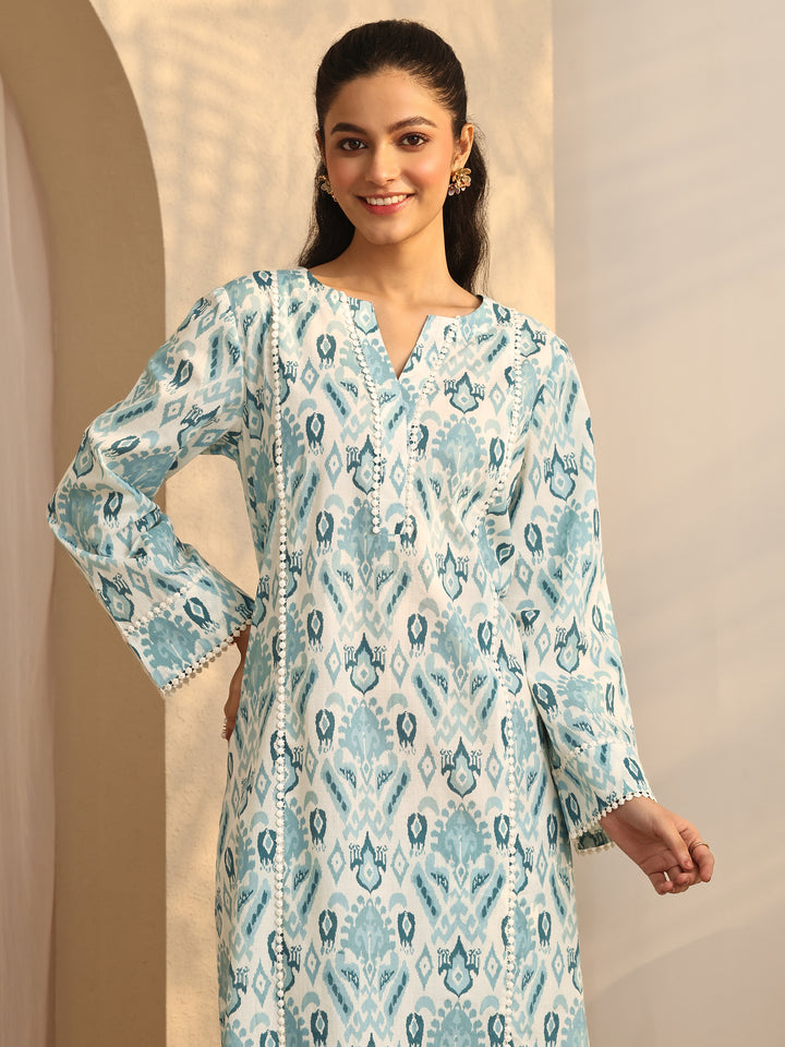 Blue Printed Cotton A-Line Kurta Set