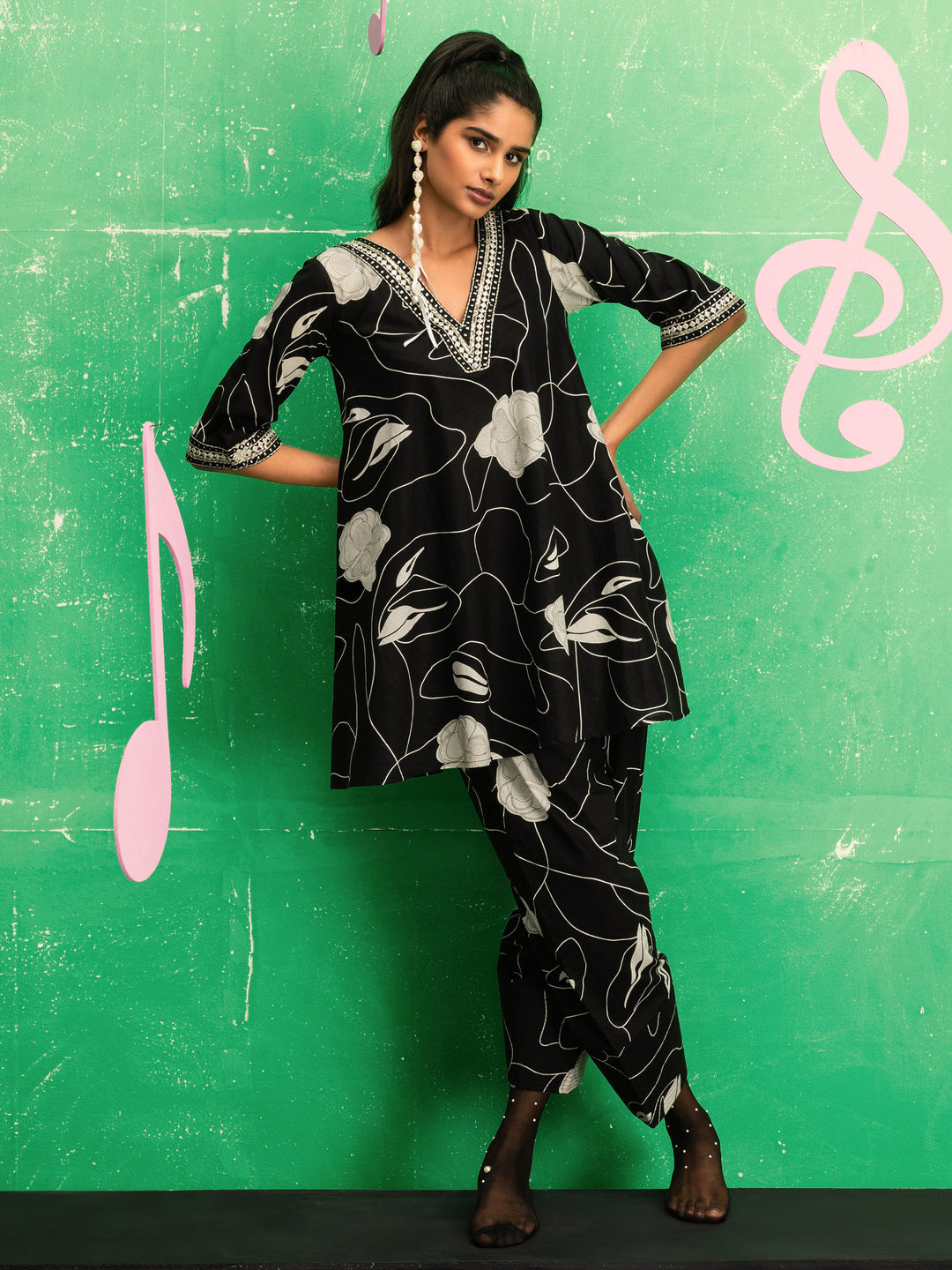 Maria Black Printed Cotton Blend Co-Ord Set