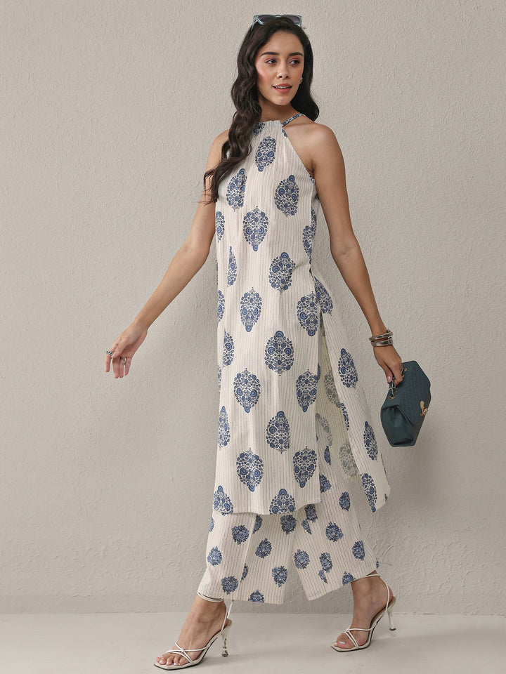 Off White Floral Printed Cotton Co-Ord Set
