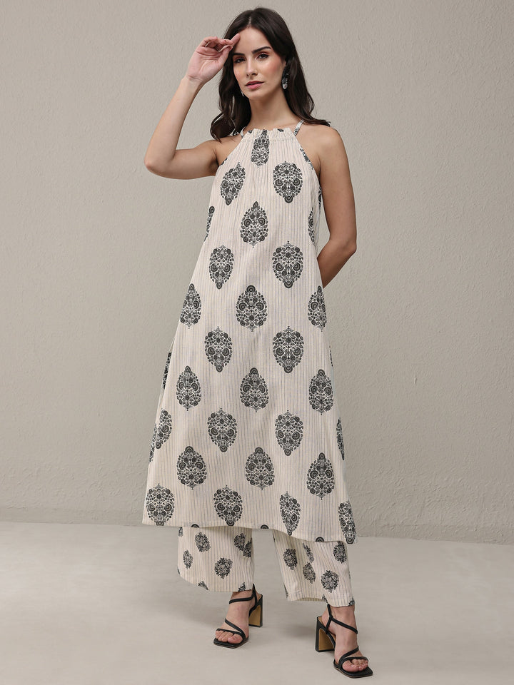 Off White Floral Printed Cotton Co-Ord Set