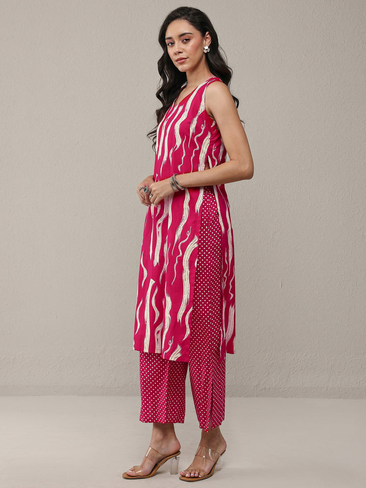 Libas Red Abstarct Printed Cotton Straight Kurta Set