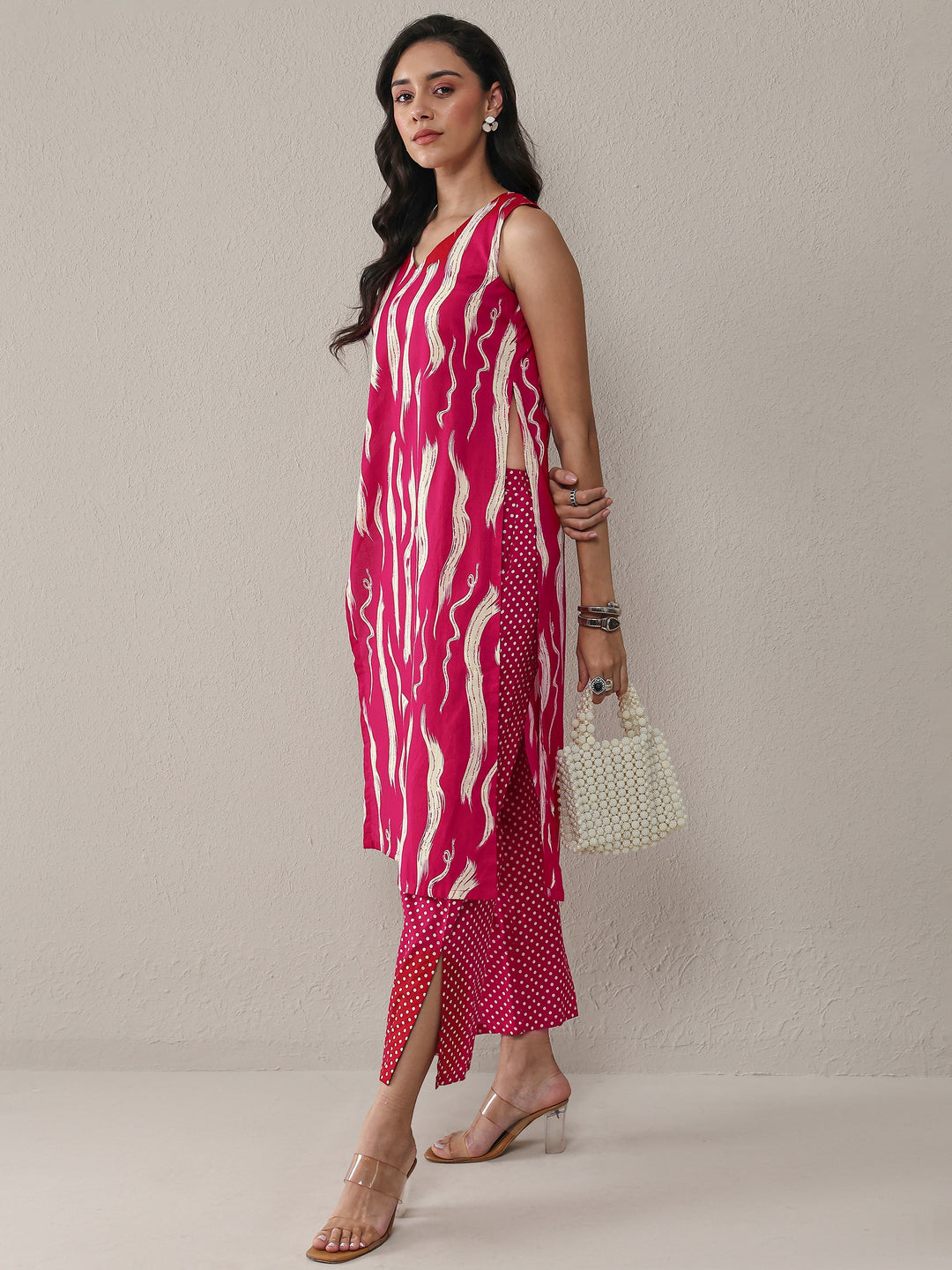 Libas Red Abstarct Printed Cotton Straight Kurta Set