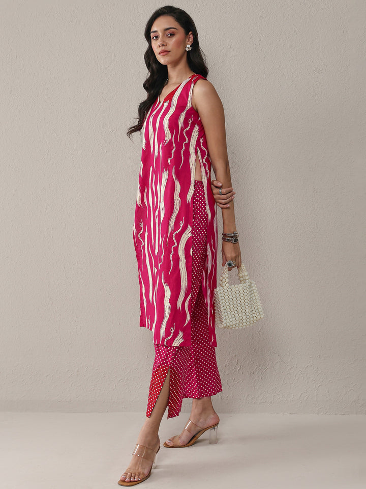 Libas Red Abstarct Printed Cotton Straight Kurta Set