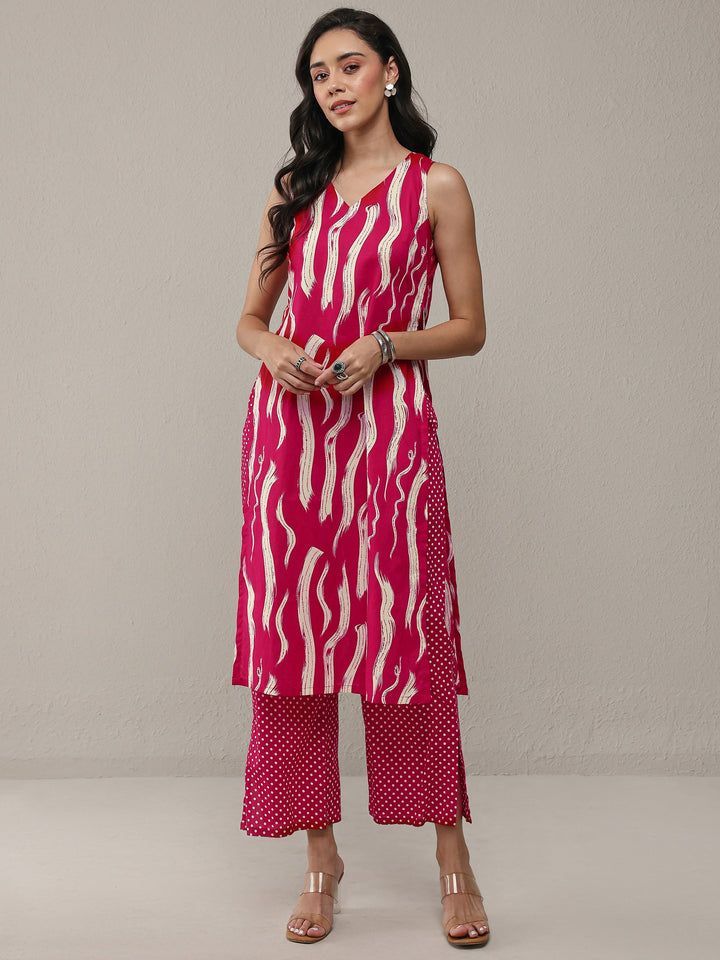 Libas Red Abstarct Printed Cotton Straight Kurta Set