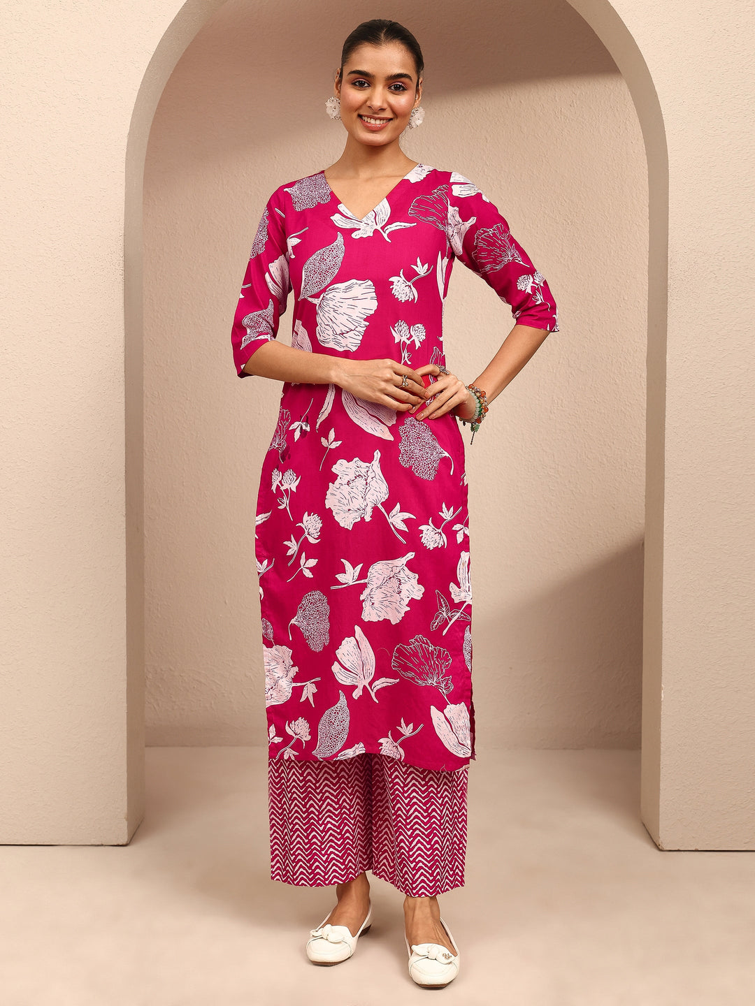 Pink Printed Cotton Straight Kurta Set