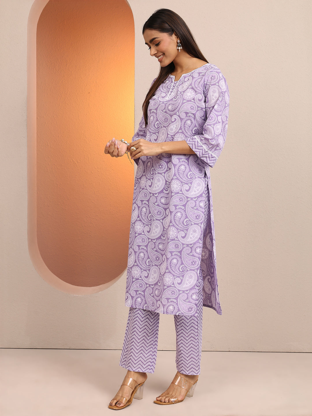 Purple Paisley Printed Cotton Straight Kurta Set