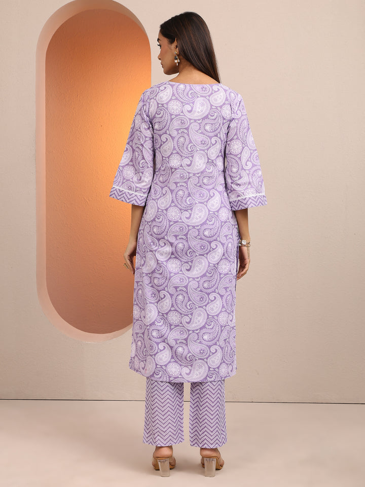 Purple Paisley Printed Cotton Straight Kurta Set