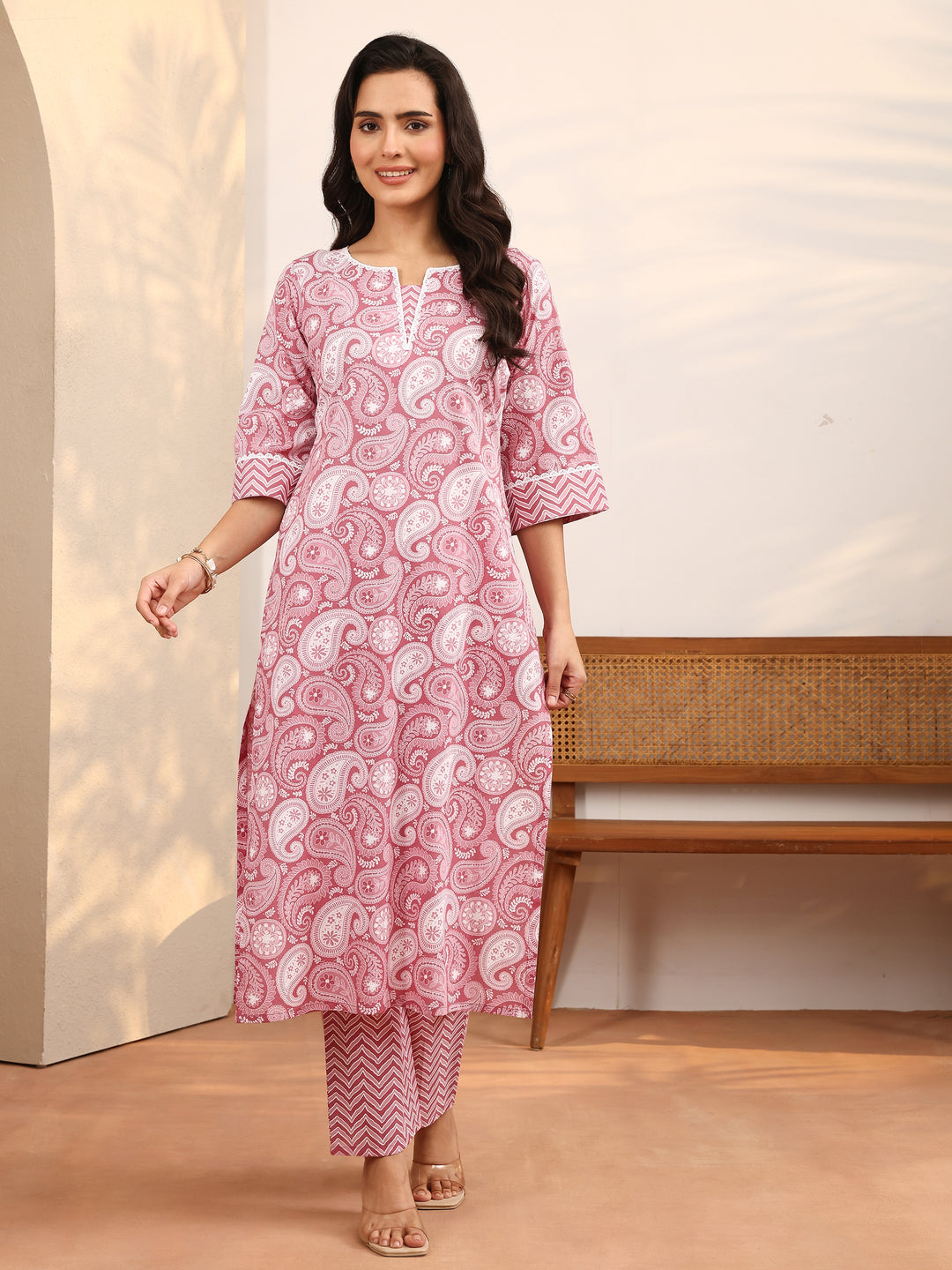 Mauve Paisley Printed Cotton Kurta Set