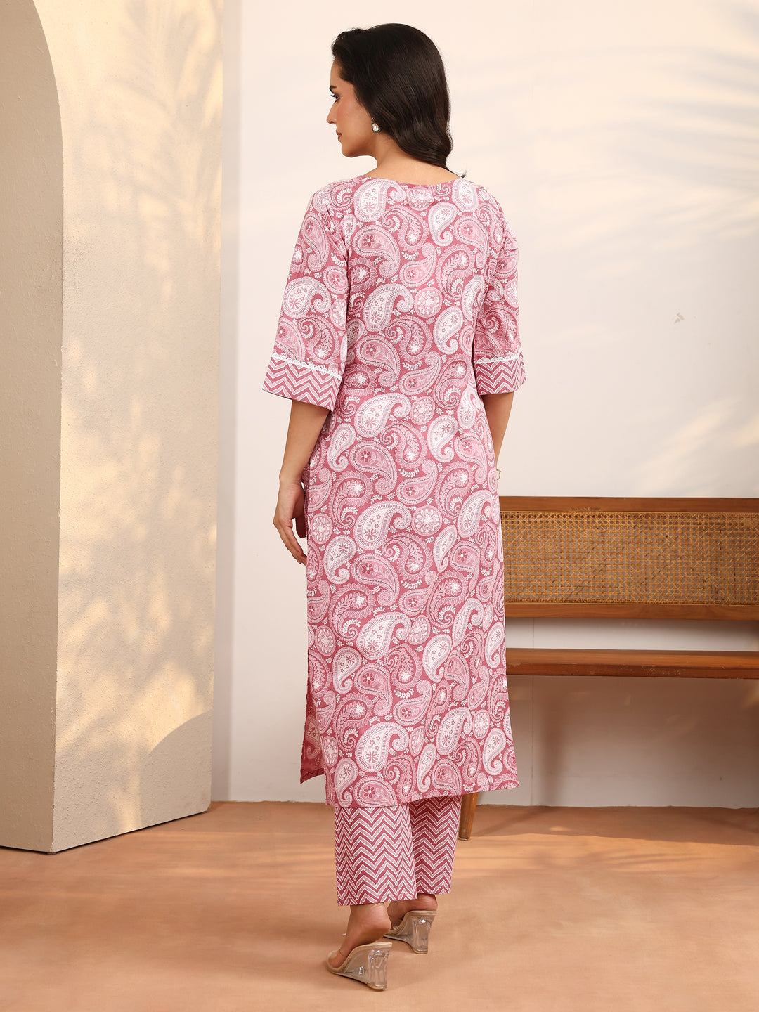 Mauve Paisley Printed Cotton Kurta Set