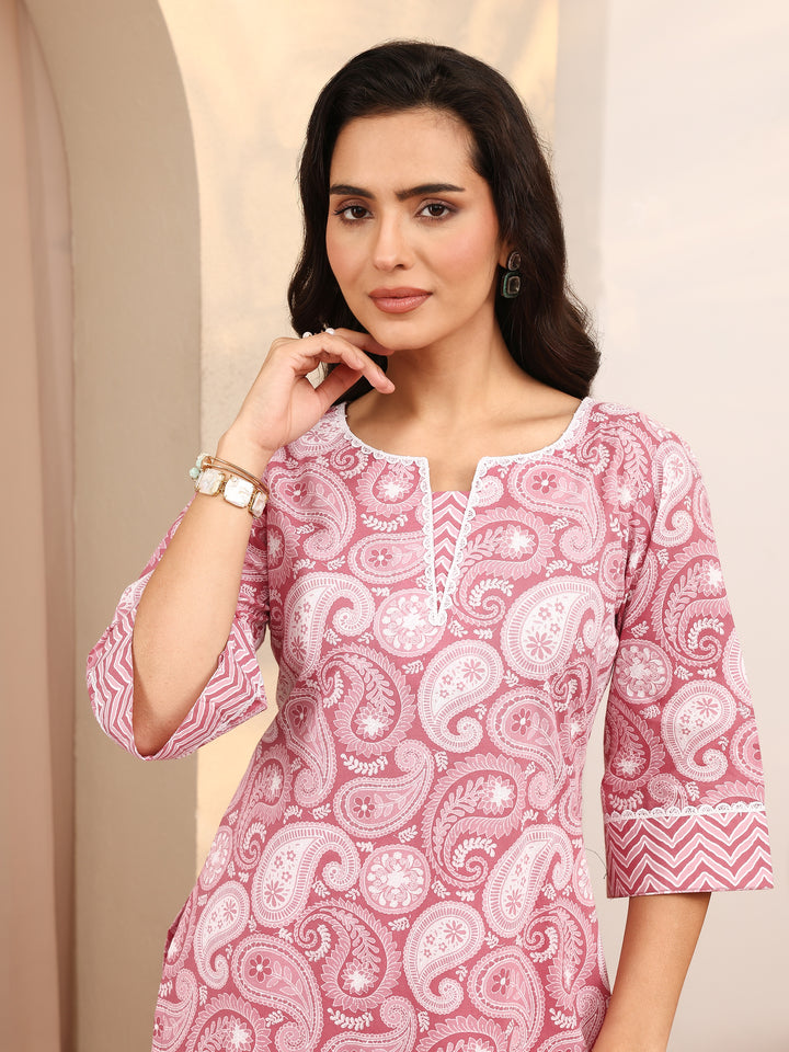 Mauve Paisley Printed Cotton Kurta Set