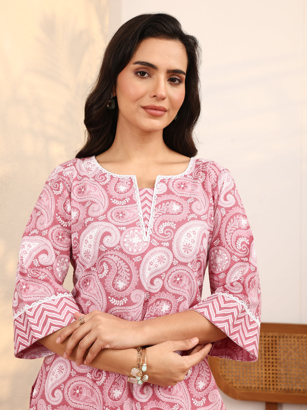 Mauve Paisley Printed Cotton Kurta Set