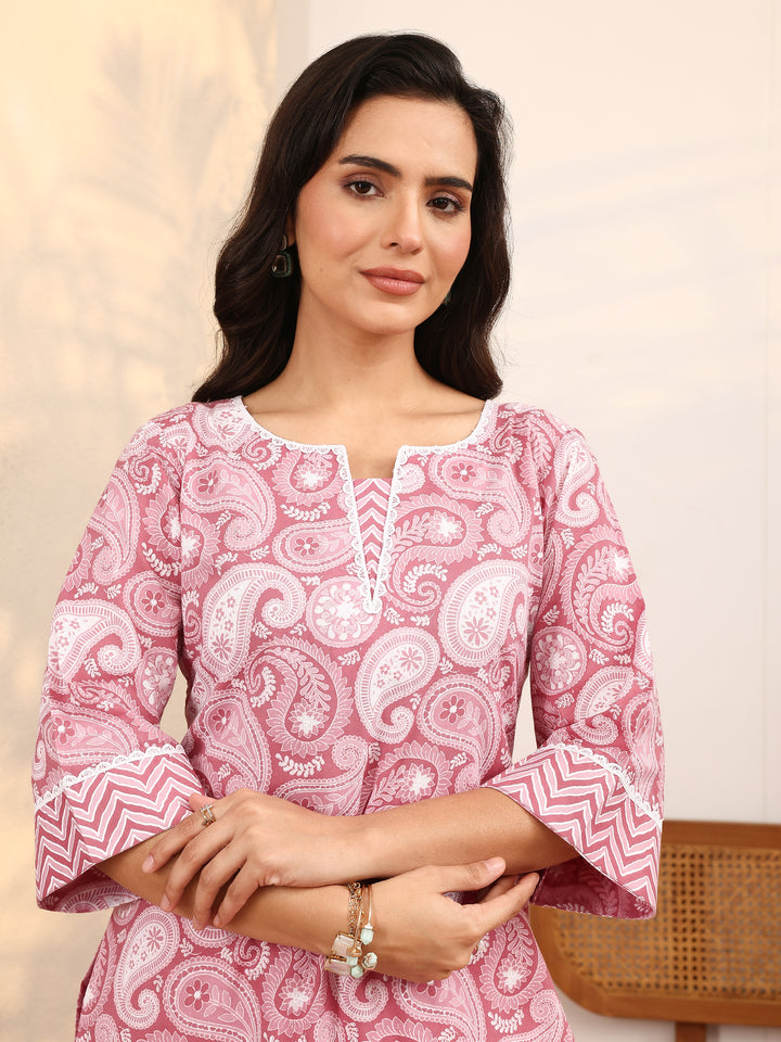 Mauve Paisley Printed Cotton Kurta Set