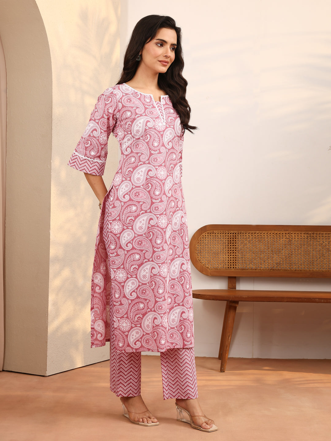 Mauve Paisley Printed Cotton Kurta Set