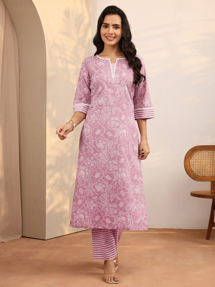 Mauve Printed Cotton Straight Kurta Set