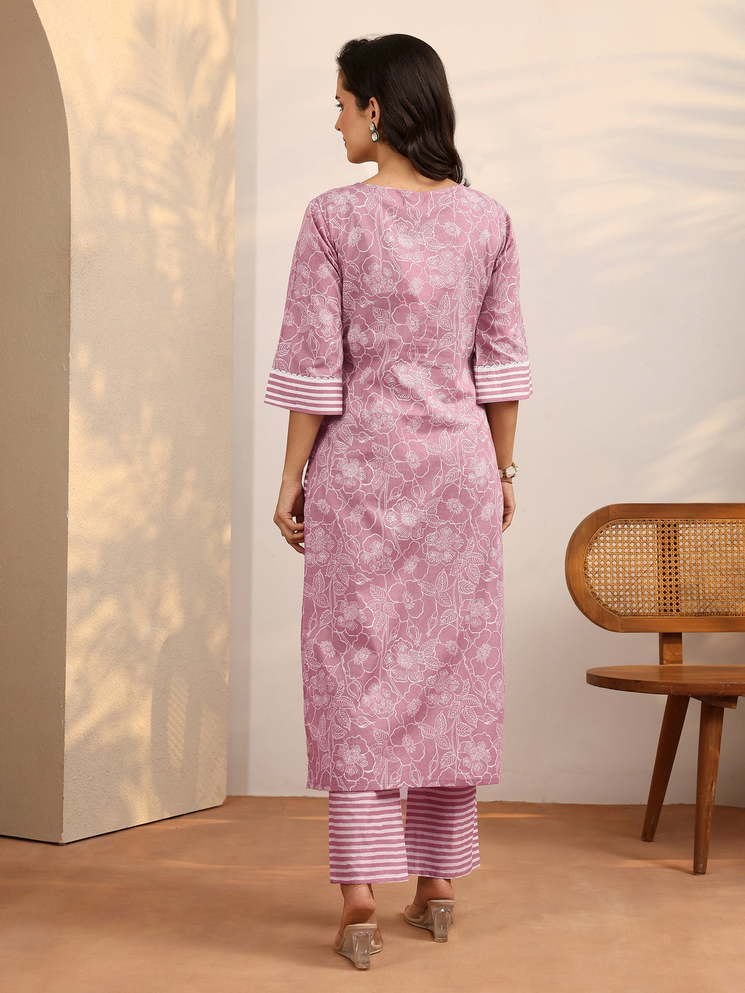 Mauve Printed Cotton Straight Kurta Set