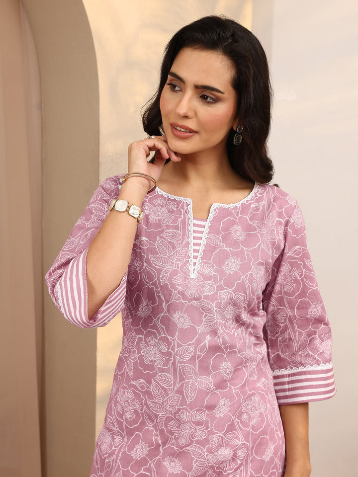 Mauve Printed Cotton Straight Kurta Set