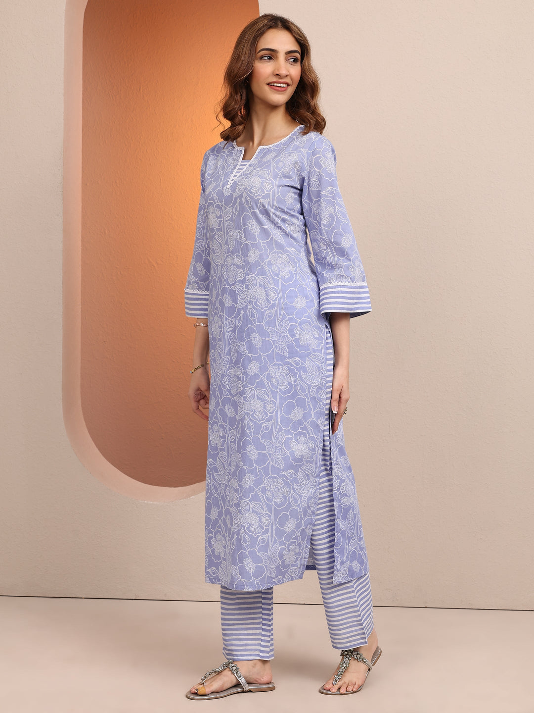 Blue Printed Cotton Straight Kurta Set