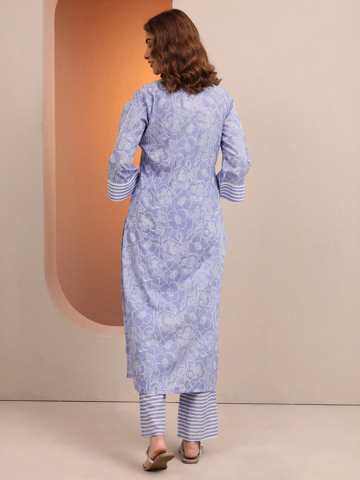 Blue Printed Cotton Straight Kurta Set