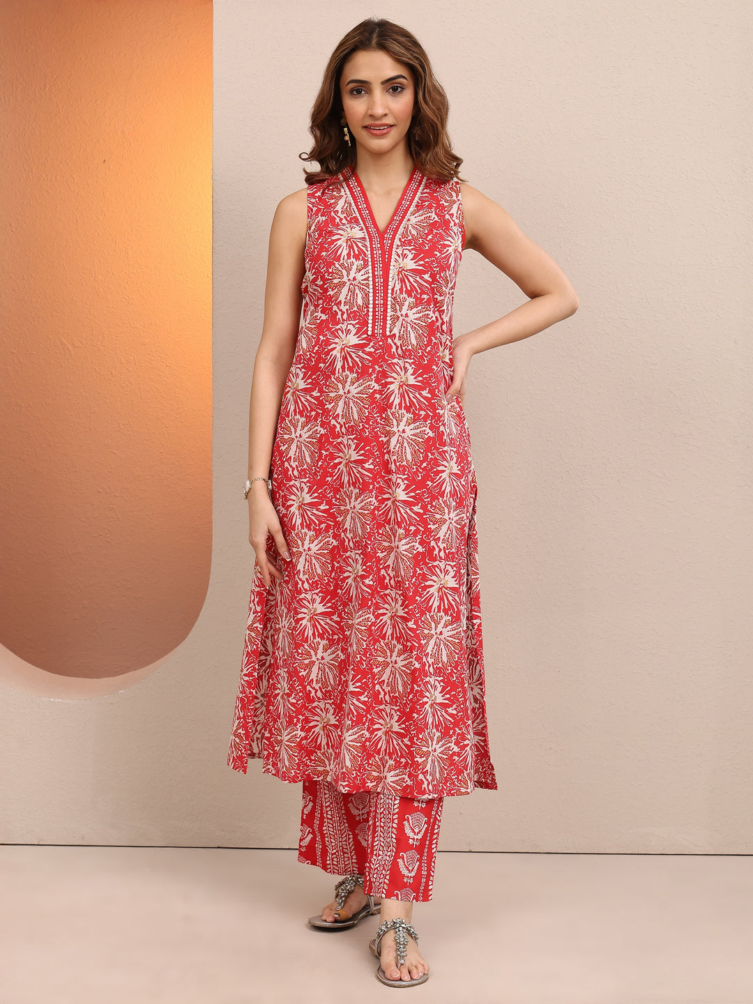 Red Printed Cotton A-line Kurta Set