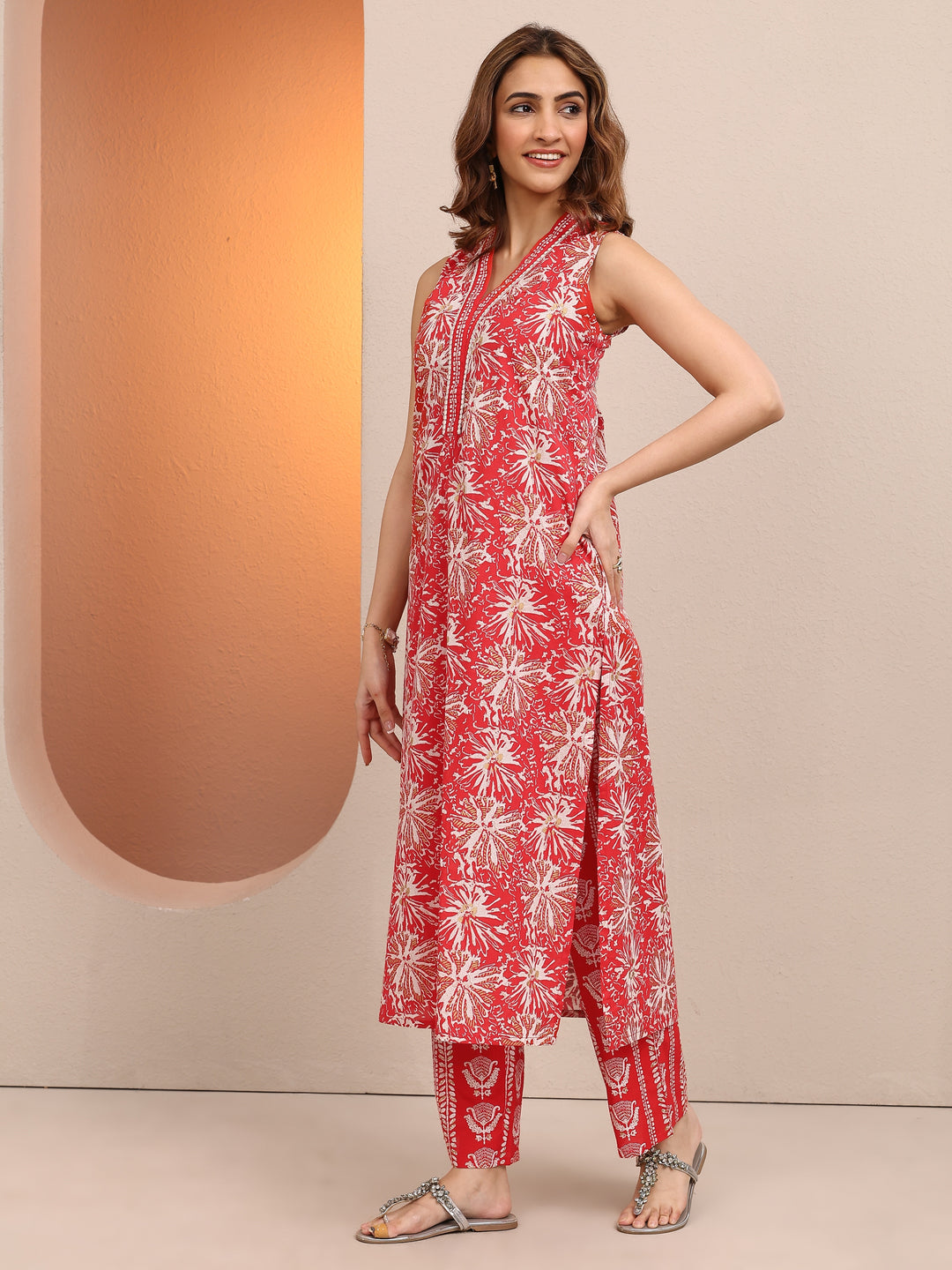 Red Printed Cotton A-line Kurta Set
