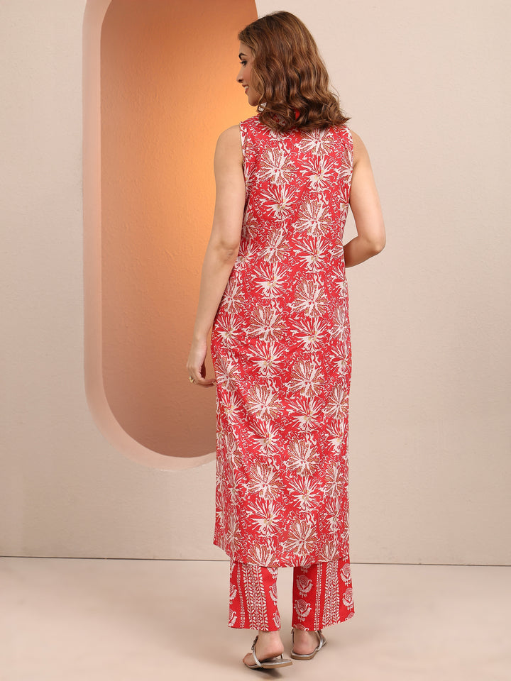 Red Printed Cotton A-line Kurta Set