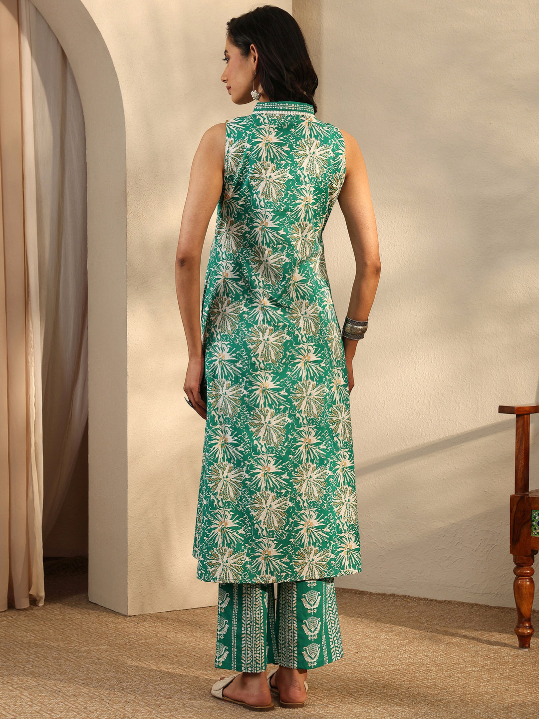 Green Printed Cotton Straight Kurta Set