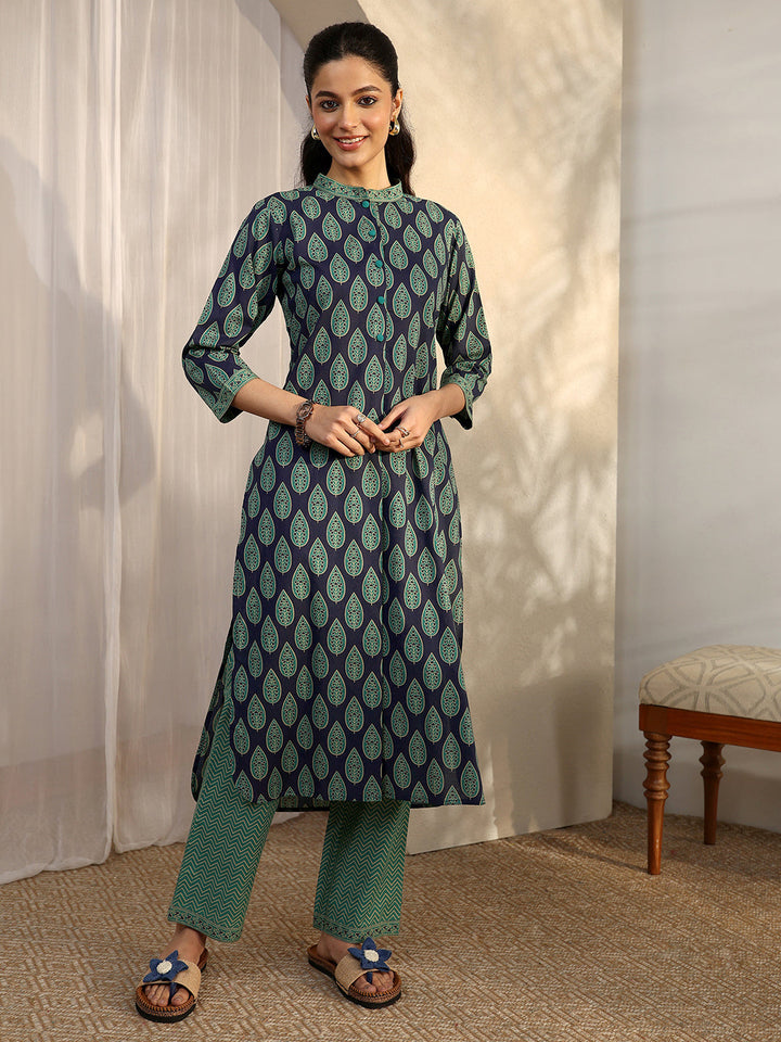 Blue Printed Cotton Straight Kurta Set