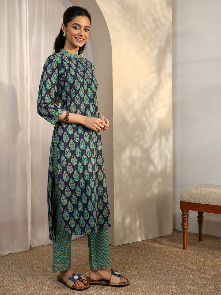 Blue Printed Cotton Straight Kurta Set