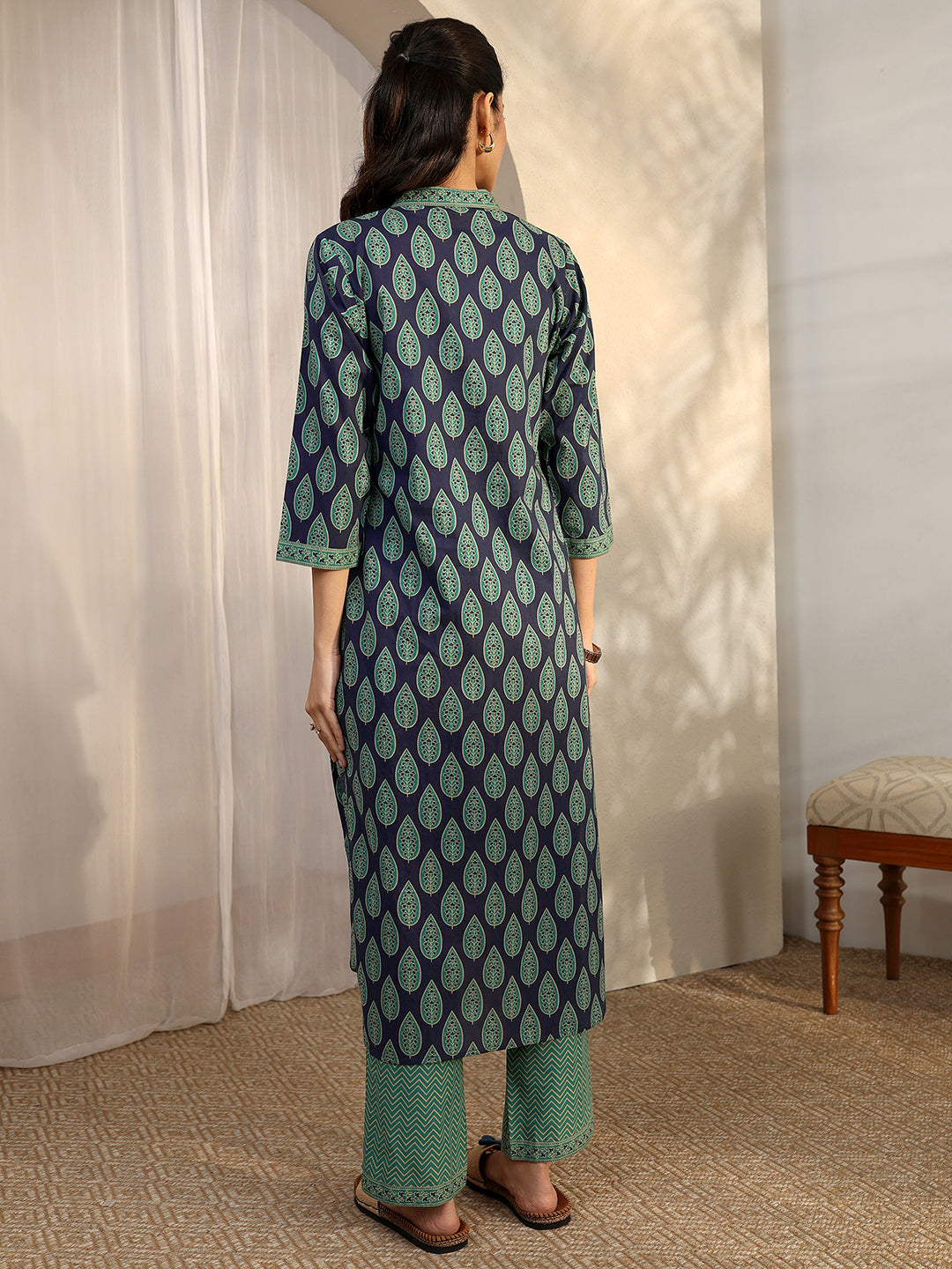 Blue Printed Cotton Straight Kurta Set