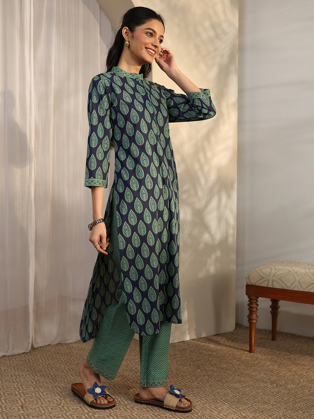 Blue Printed Cotton Straight Kurta Set