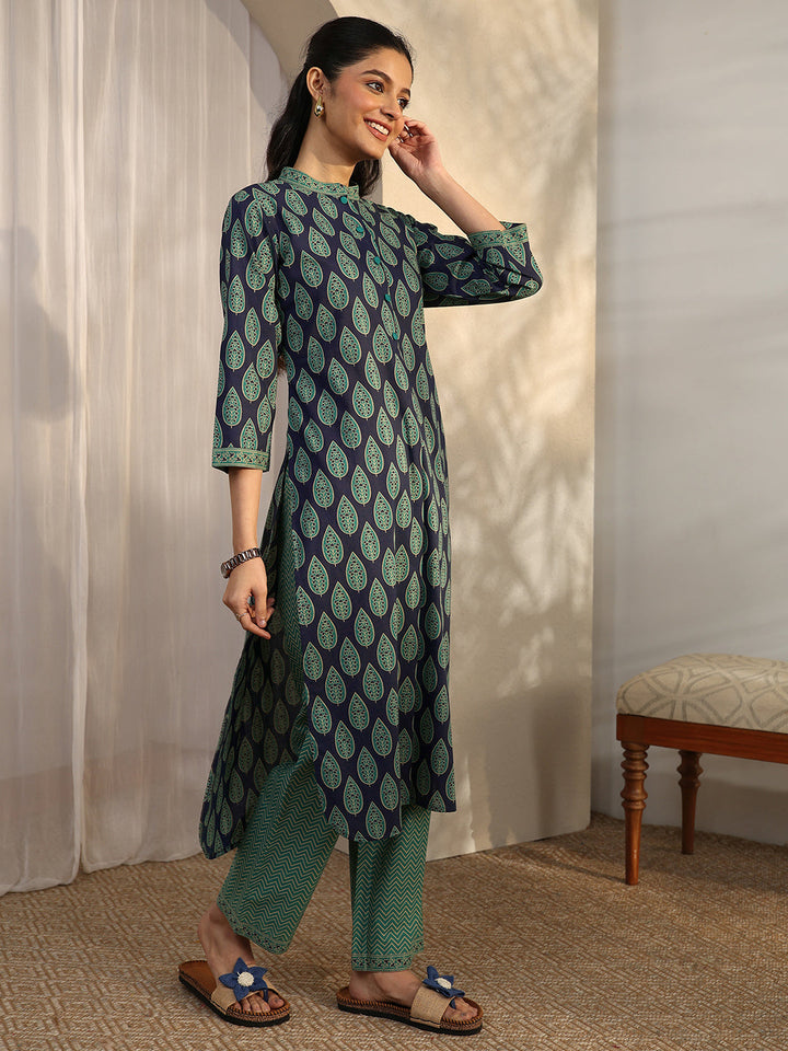 Blue Printed Cotton Straight Kurta Set