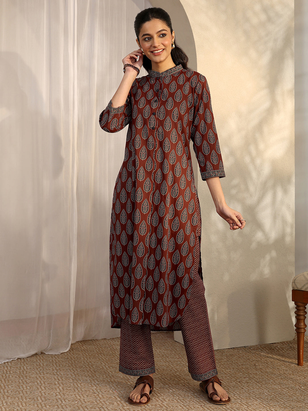 Brown Printed Cotton Straight Kurta Set