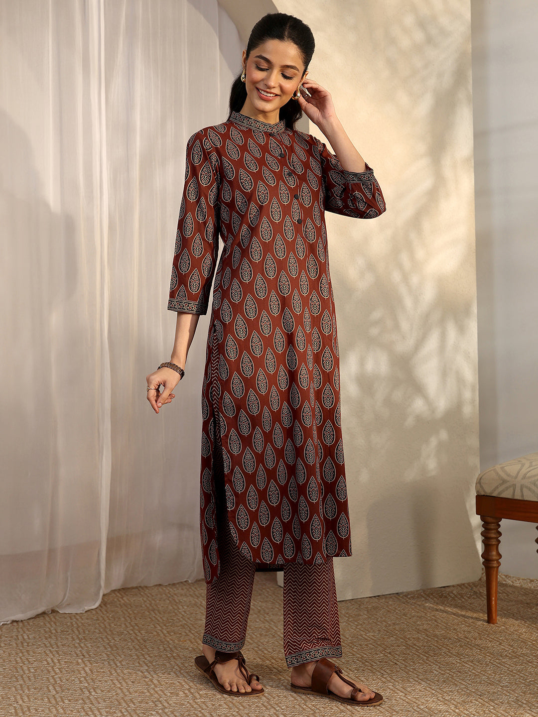 Brown Printed Cotton Straight Kurta Set