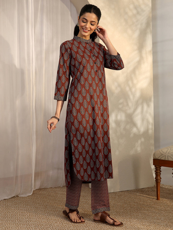 Brown Printed Cotton Straight Kurta Set