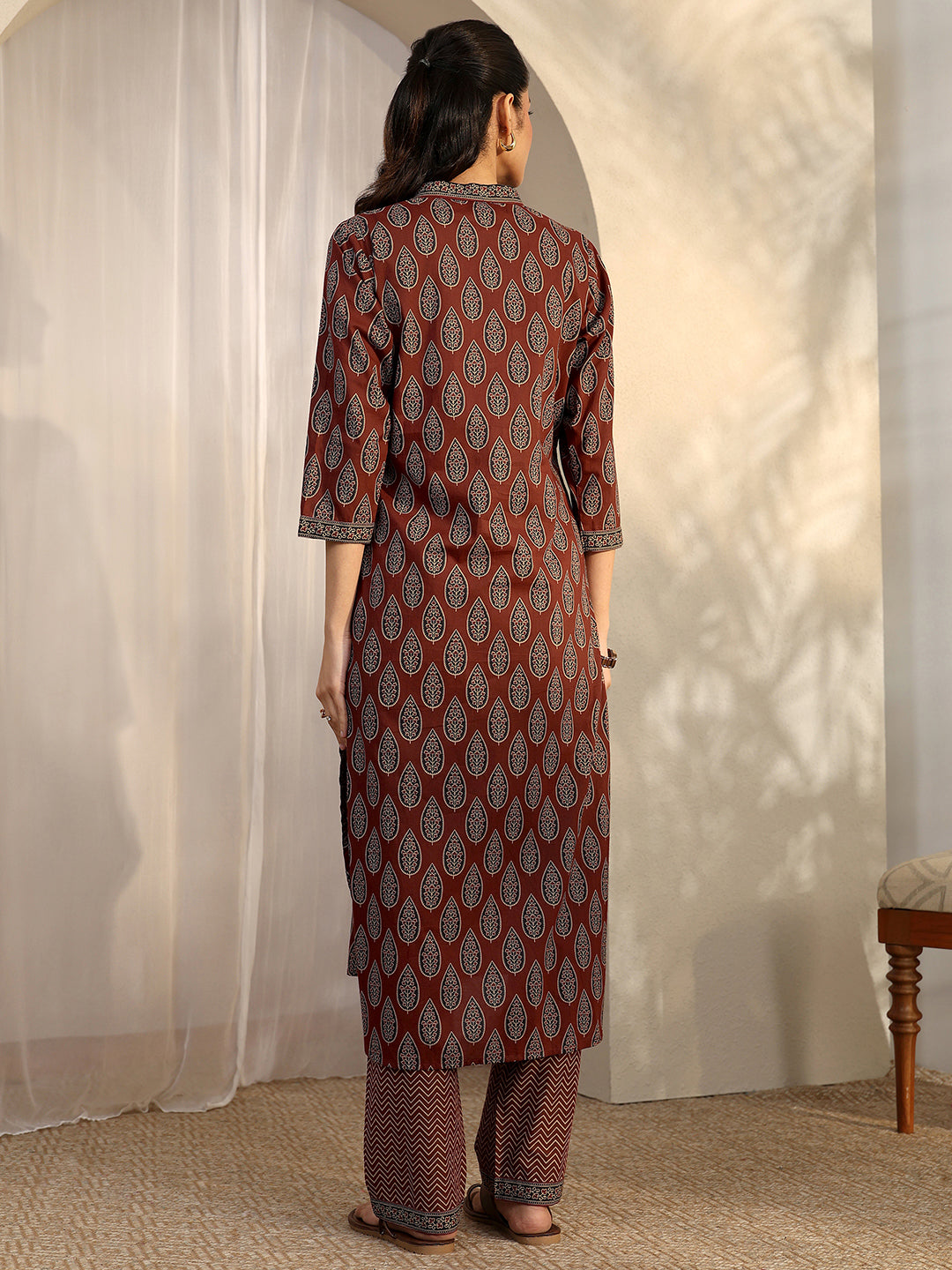 Brown Printed Cotton Straight Kurta Set