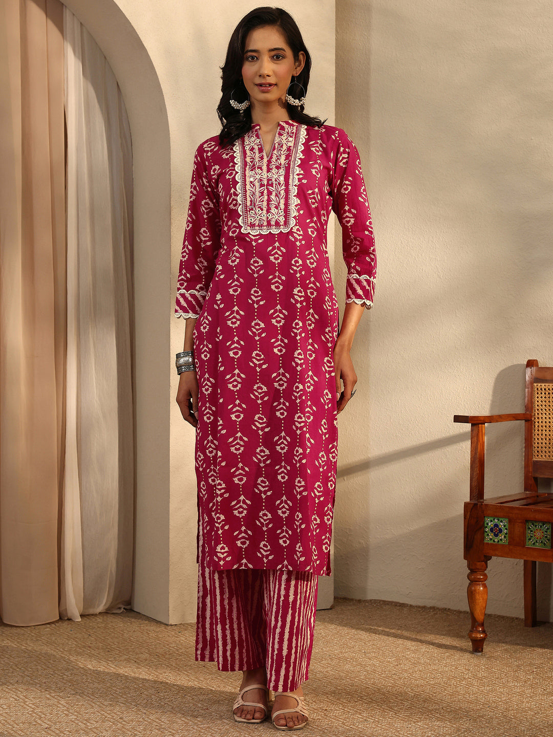 Red Printed Cotton Straight Kurta Set