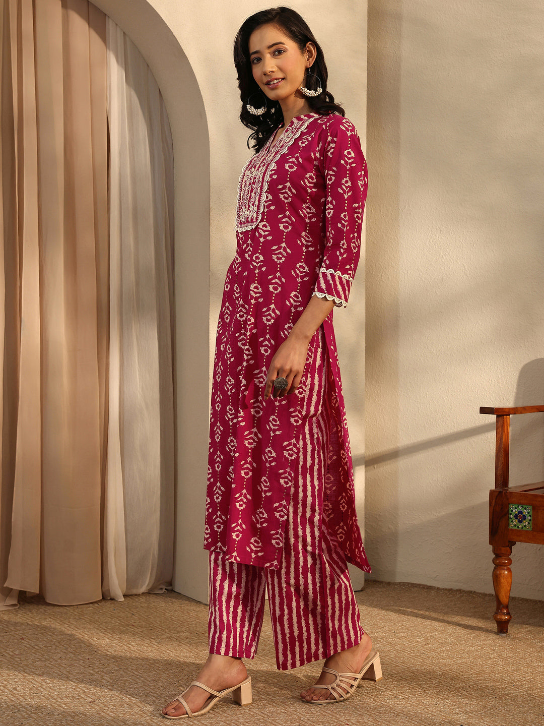 Red Printed Cotton Straight Kurta Set