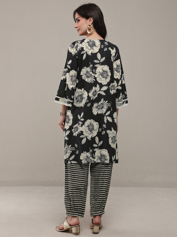 Black Floral Printed Cotton Straight Kurta Set