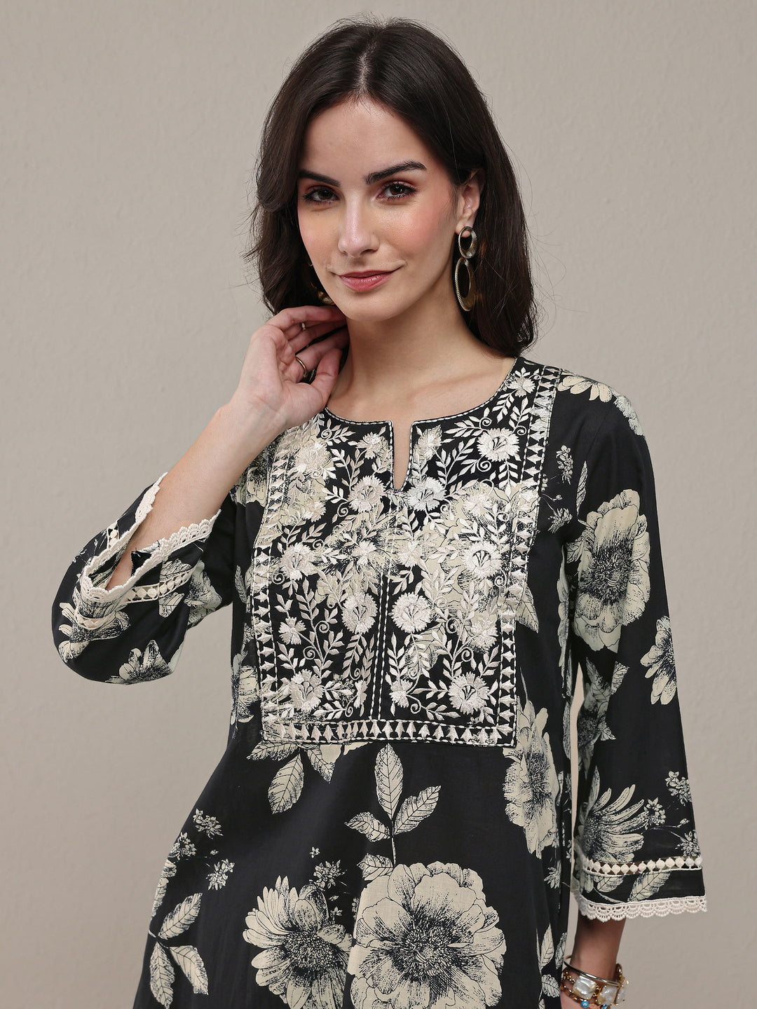 Black Floral Printed Cotton Straight Kurta Set