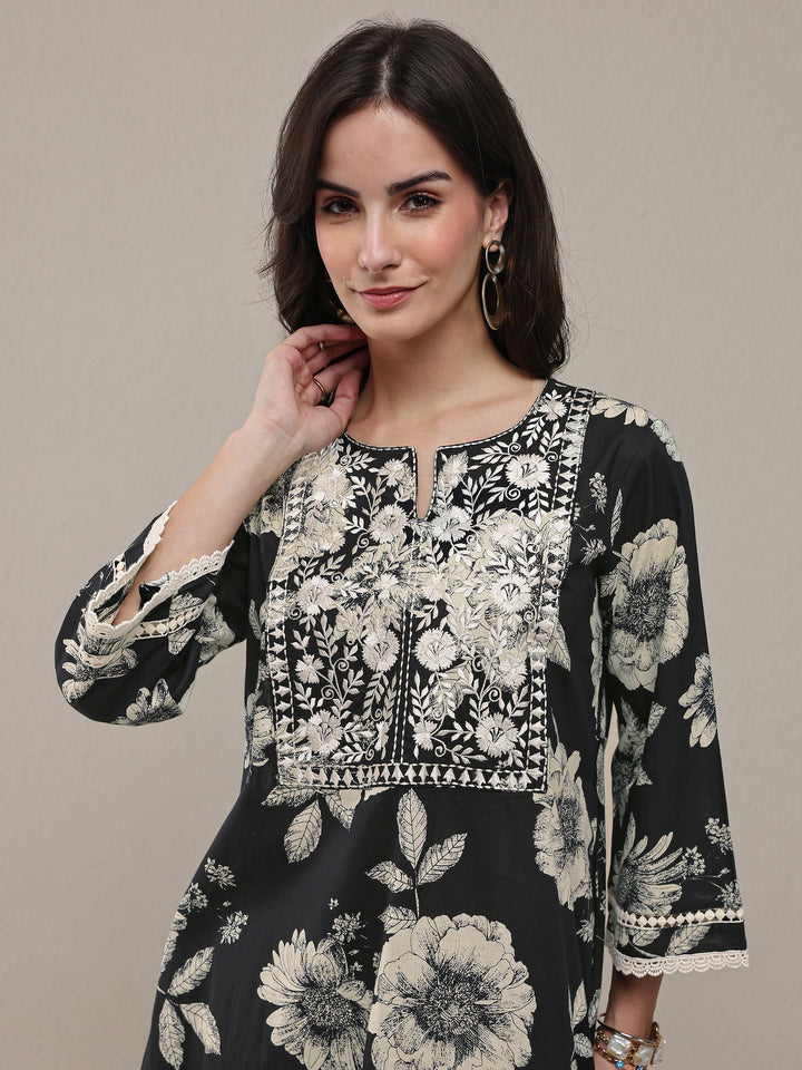Black Floral Printed Cotton Straight Kurta Set
