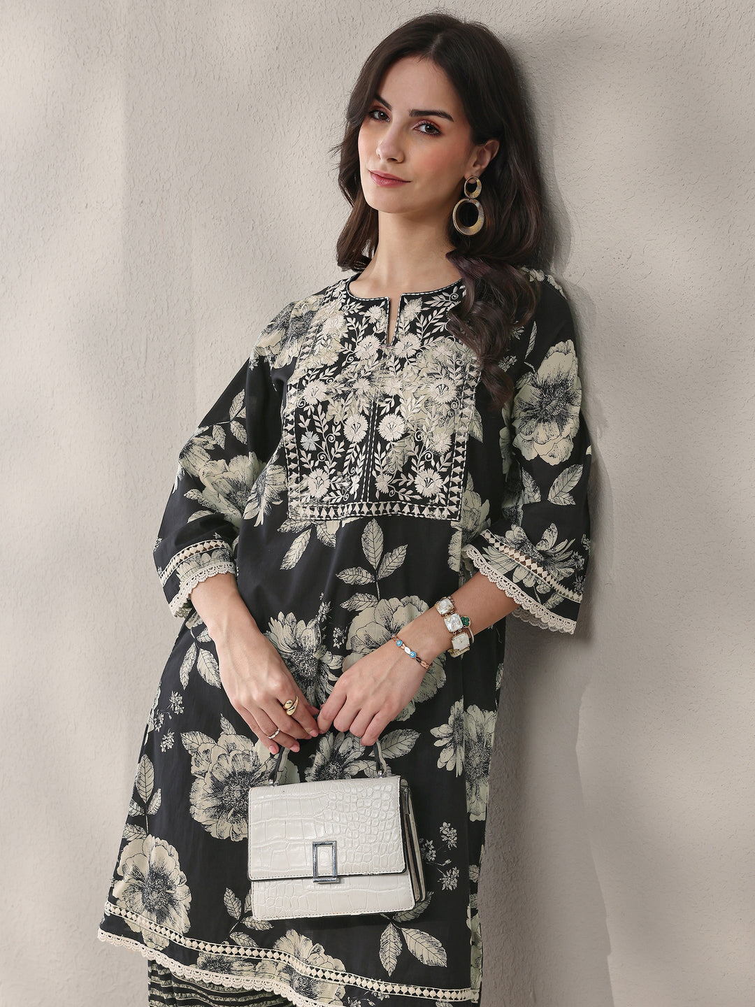 Black Floral Printed Cotton Straight Kurta Set