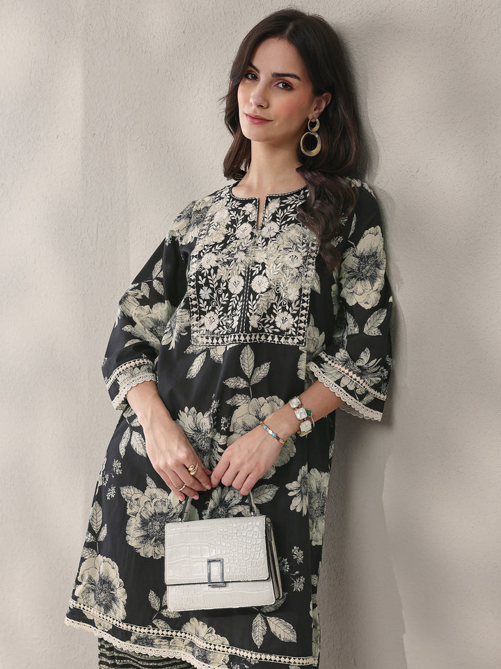Black Floral Printed Cotton Straight Kurta Set