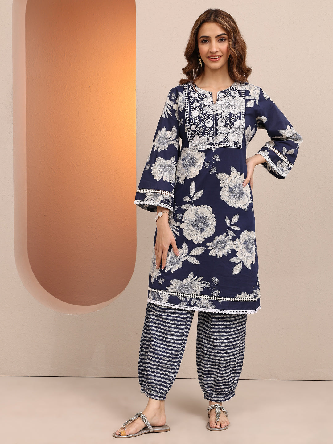 Blue Printed Cotton Straight Kurta Set