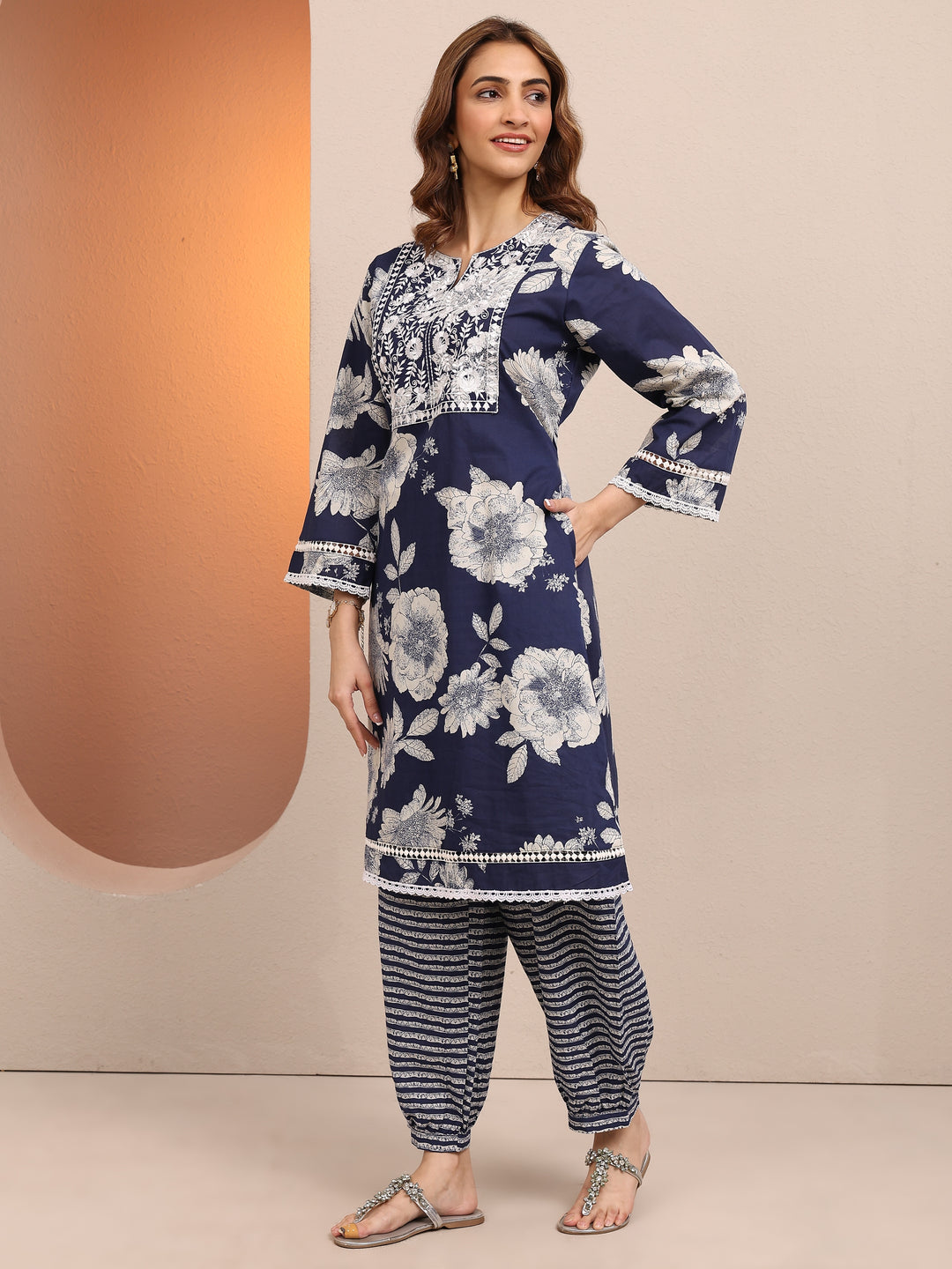 Blue Printed Cotton Straight Kurta Set