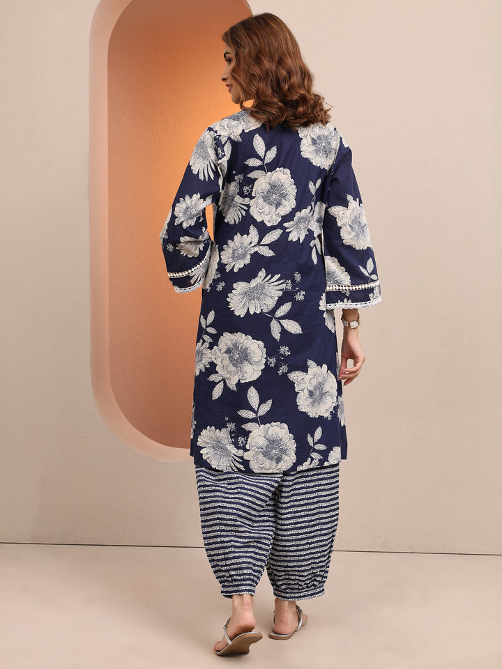 Blue Printed Cotton Straight Kurta Set