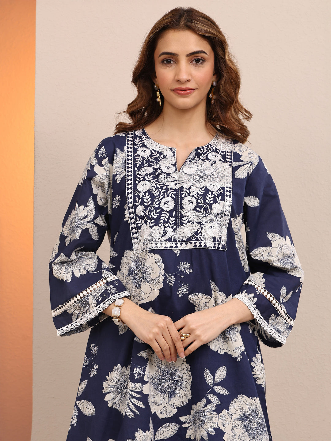 Blue Printed Cotton Straight Kurta Set