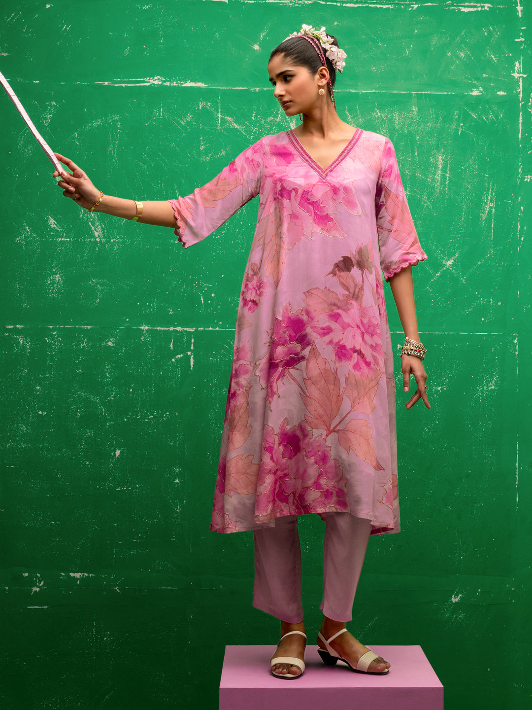 Libas Scarlett Pink Printed Muslin A-line Kurta Set