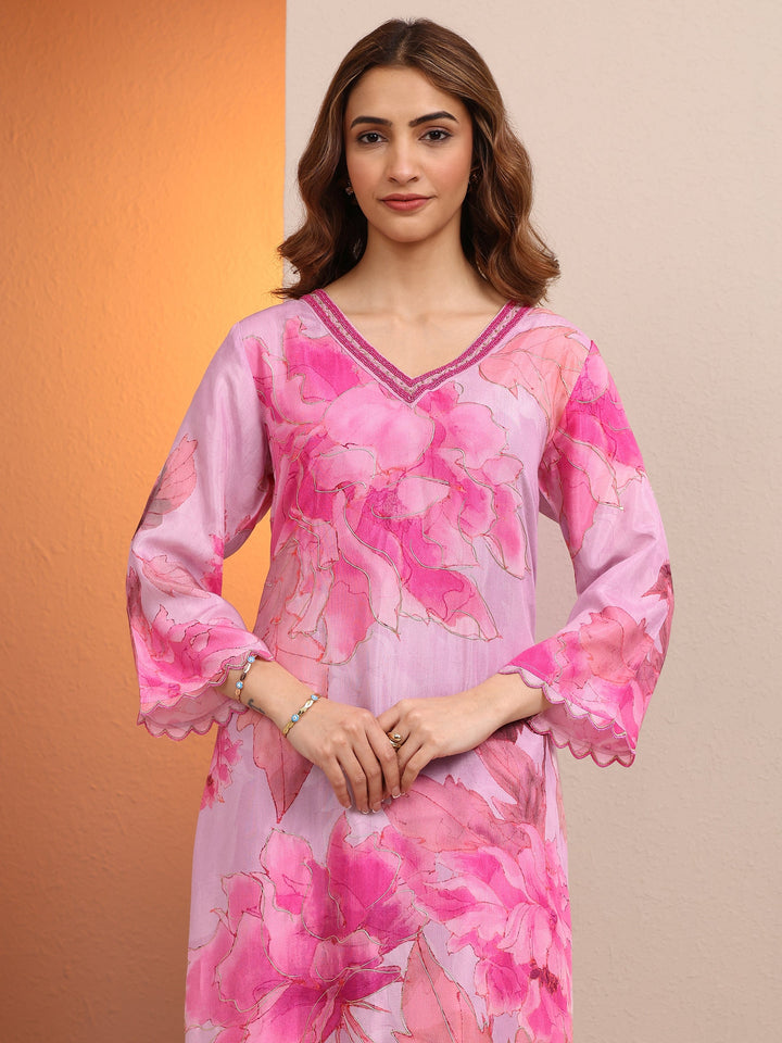 Pink Printed Muslin A-line Kurta Set