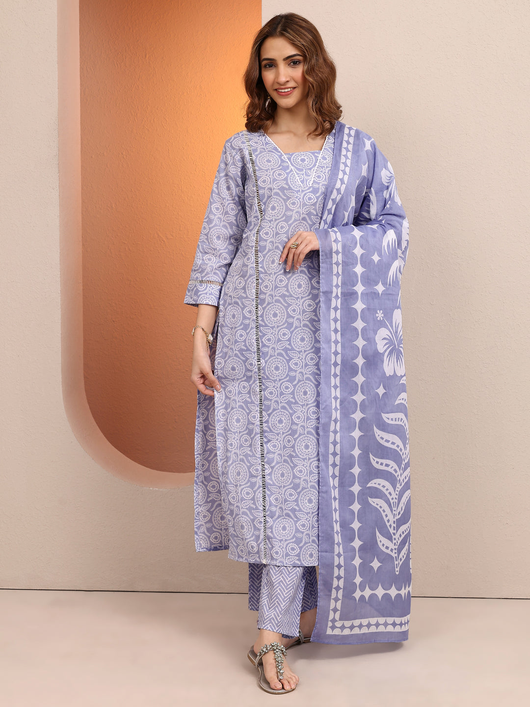 Lavender Printed Cotton Straight Suit Set With Dupatta