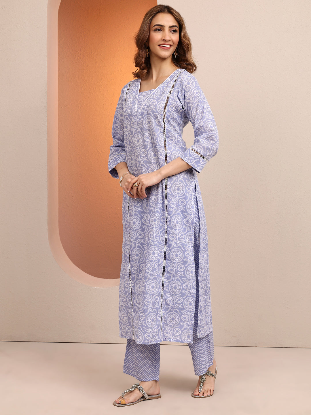 Lavender Printed Cotton Straight Suit Set With Dupatta